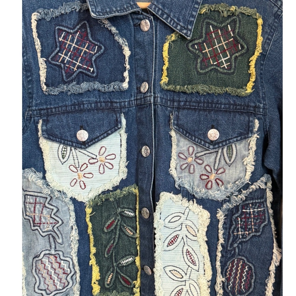 Boho Patchwork Embroidered Denim Jacket Womens L Blue Artsy Cottagecore Festival - Picture 3 of 14
